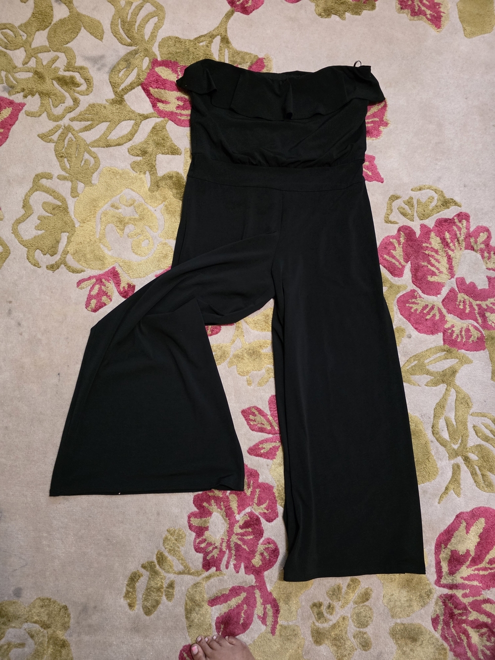 White House Black Market Black Strapless Wide-Leg Jumpsuit with Ruffle Neckline